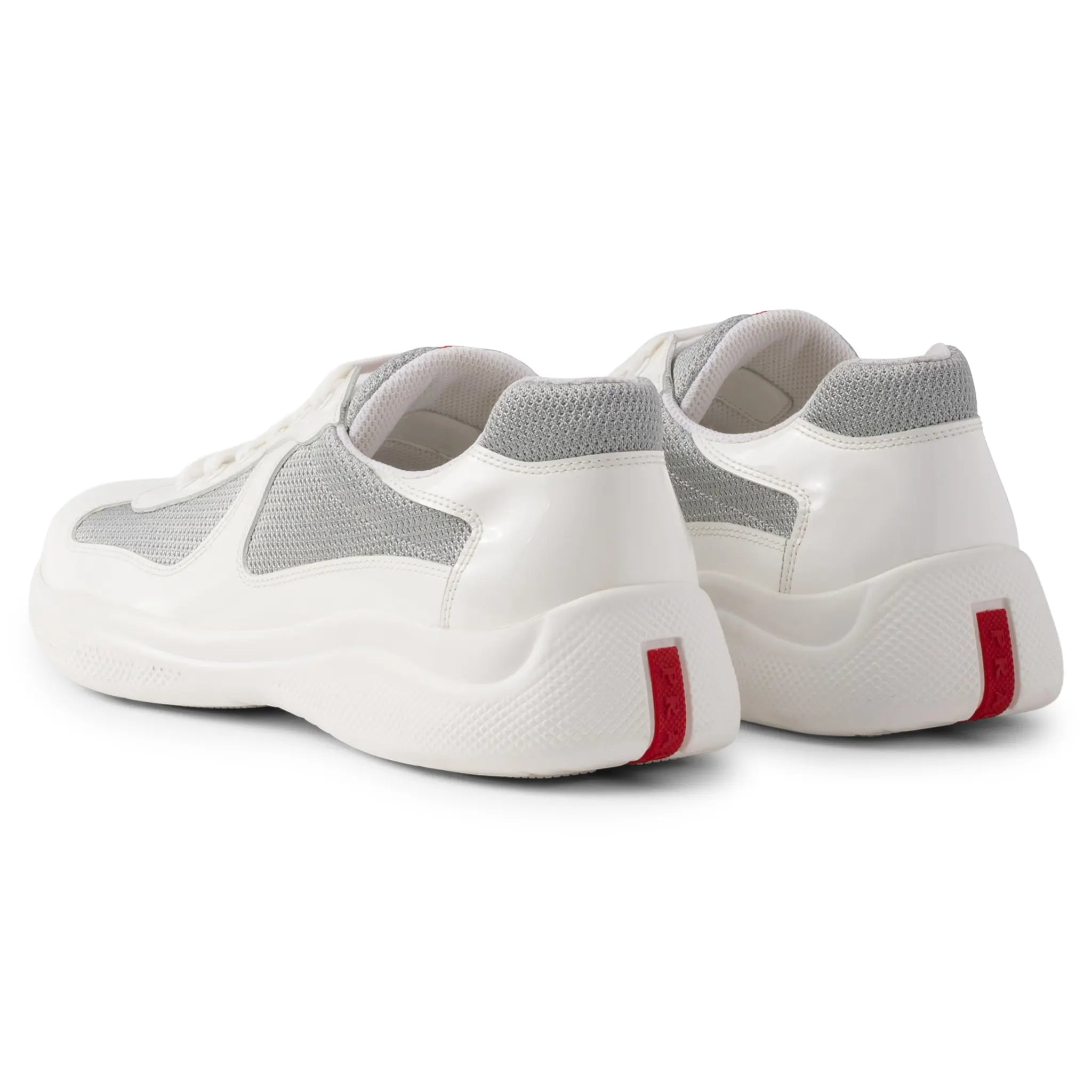 Back Side View of Prada Americas Cup Patent White Silver Sneaker 4E3400_ASZ_F0J36_F_G000